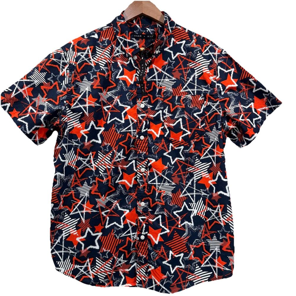 EDGAR + ASH Mens Size L Button Down Collared Short Sleeve Stars Print Pocket Red